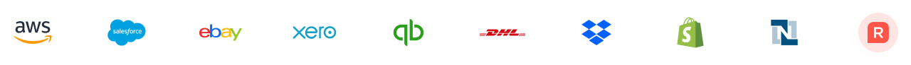 AWS, Salesforce, eBay, Xero, QuickBooks, DHL, Dropbox, Shopify, NetSuite, Rex